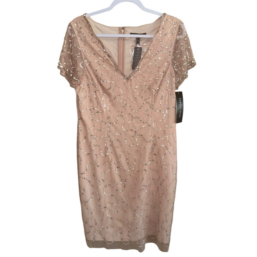 NWT Papell Studio Rose Gold Beaded Sequin Scallop Sheath Dress Size 12 NEW $129 - Picture 2 of 16
